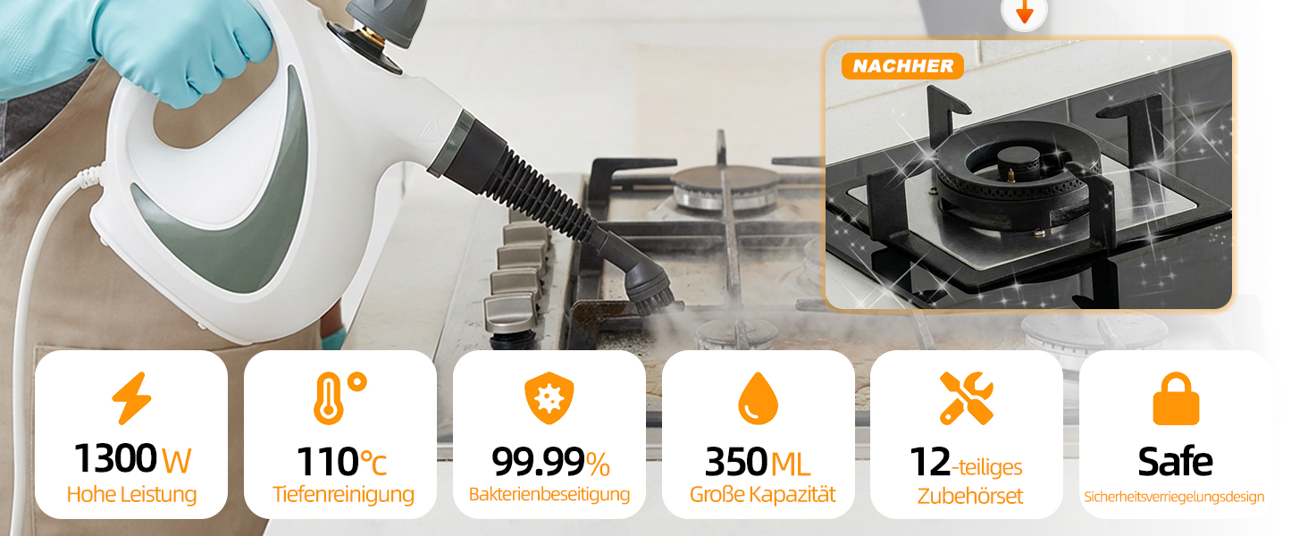 Портативний пароочисник для дому з аксесуарами, 3 бари, 1300 Вт, без хімікатів. Підходить для кухні, підлоги, плитки, диванів (білий)