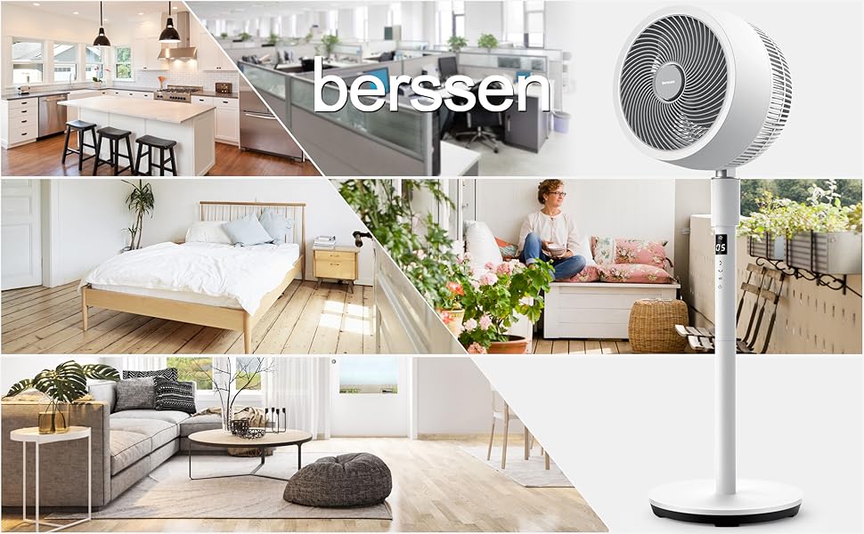 Вентилятор підлоговий Berssen з 3D-коливанням, тихий (25 дБ), DC-мотор, регульована висота (68/100 см), пульт ДК, сенсорний дисплей, висока швидкість повітря (7.1 м/с), енергозбереження, білий колір
