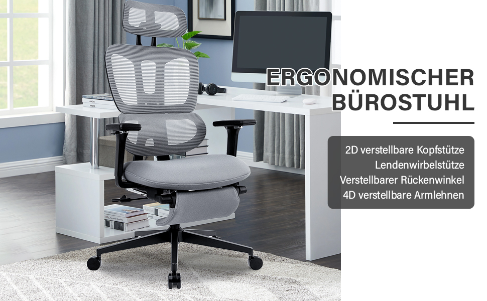 Ергономічне крісло для офісу з підніжкою, висока спинка, 2D-підголівник, відкидні підлокітники, сидіння з губки, сітчастий офісний крісло, крісло для керівника, комп'ютерне крісло для дорослих (сірий)