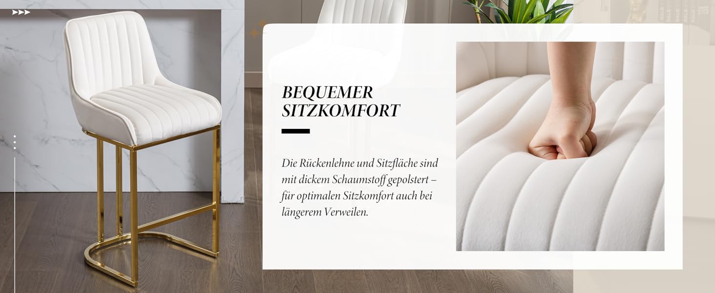 Набір з 2 барних стільців з велюру з золотистими ніжками, з підлокітниками та спинкою для кухонної стійки/домашнього бару (білий)