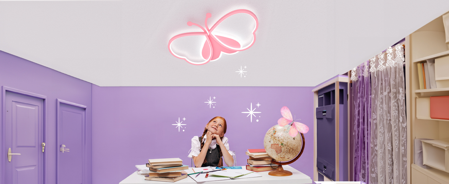 Дитячий стельовий світильник LUOLONG Butterfly Dimmable Acrylic, рожевий, 82см, кімната для дівчаток