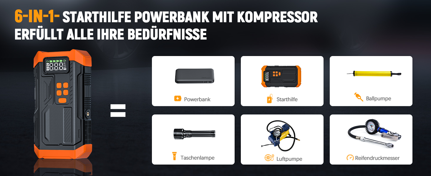 Пусковий пристрій (бустер) Povasee Starthilfe Powerbank 5000A для автомобіля (бензин/дизель до 10л), 12V з LCD-дисплеєм, USB-портами та LED-ліхтарем, помаранчевий