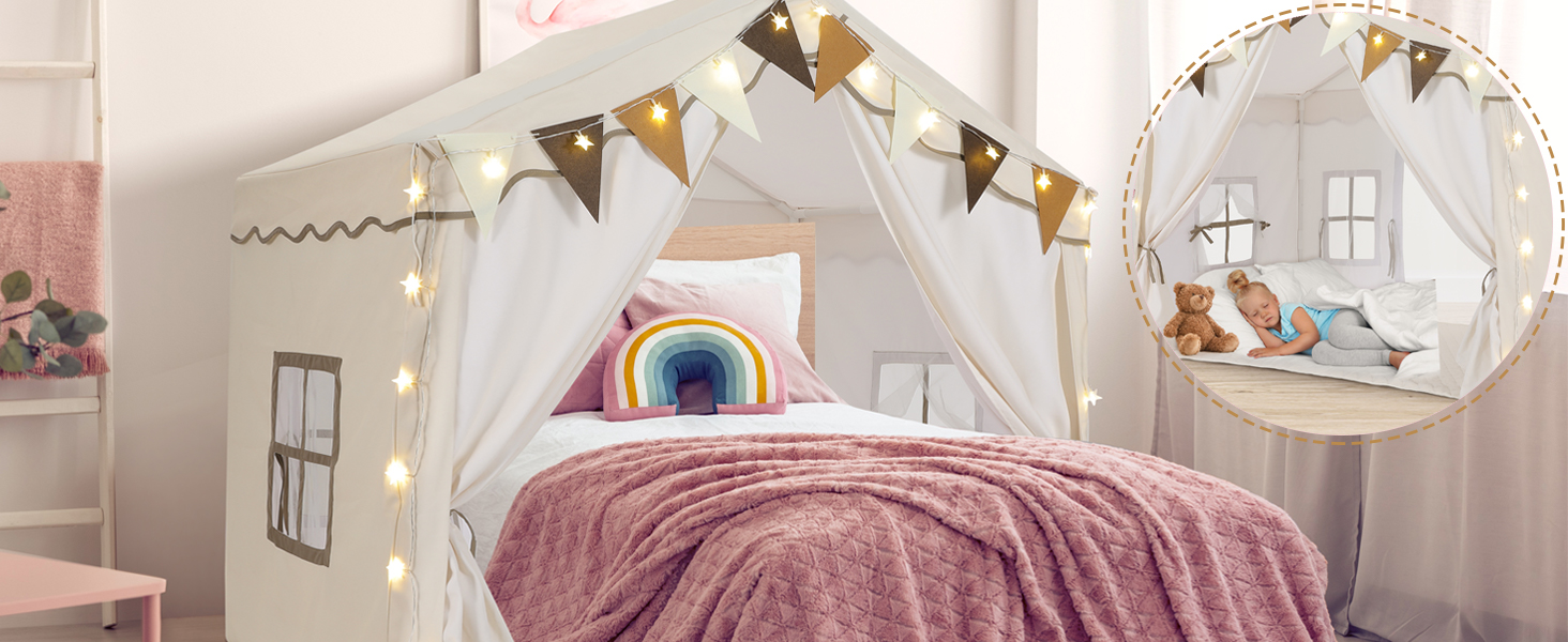 Дитячий намет MAMIZO для гри в приміщенні з килимком, прапорцями та світлом, 136x95x133 см. Ідеальний намет-ігровий будиночок для дітей, підходить для хлопчиків та дівчаток, кремового кольору.