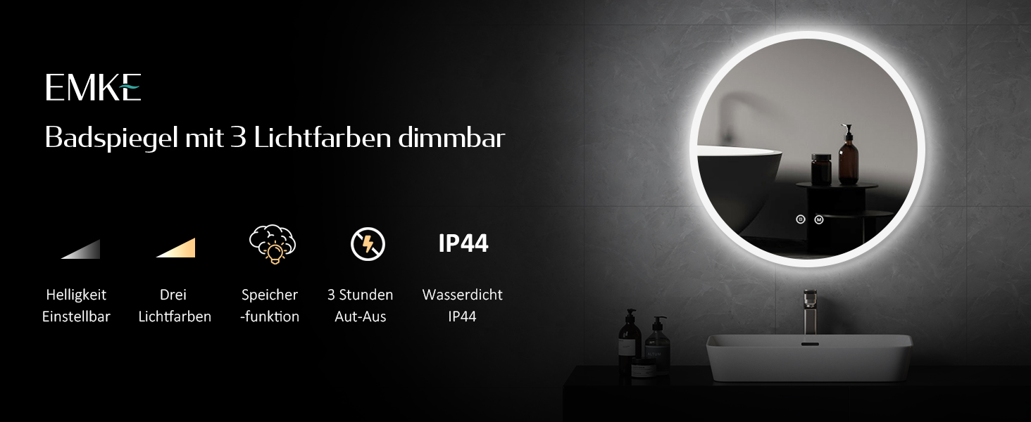 Дзеркало для ванної кімнати EMKE з підсвічуванням 80x60 см, сенсорне управління, антизапар, 3 кольори світла, регулювання яскравості, функція пам'яті, енергозбереження