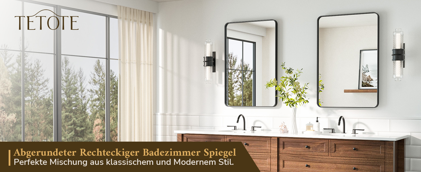 Дзеркало для ванної кімнати TETOTE 40x50 см, чорне, прямокутне, з металевим каркасом, з круглими кутами, для раковини, з загартованого скла