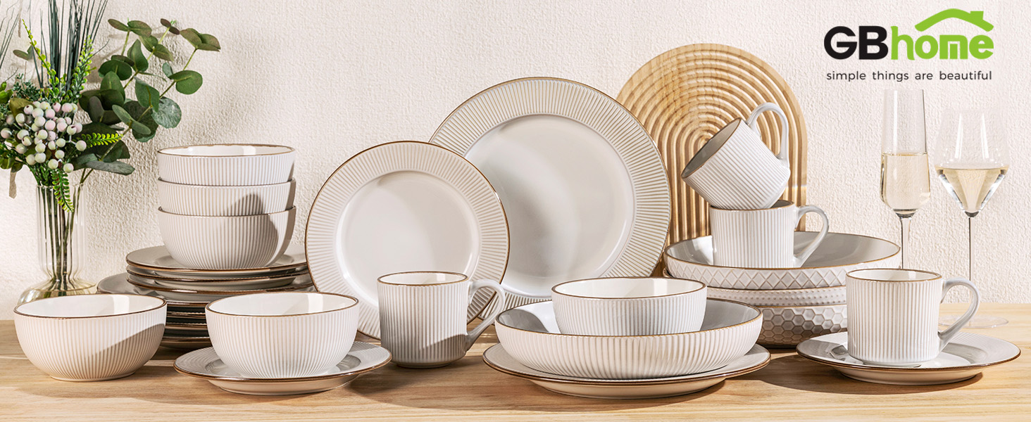 Набір посуду GBhome на 6 осіб, 18 предметів, ручної роботи, кераміка, дизайн 'Діамант', сумісний з мікрохвильовою піччю та посудомийною машиною