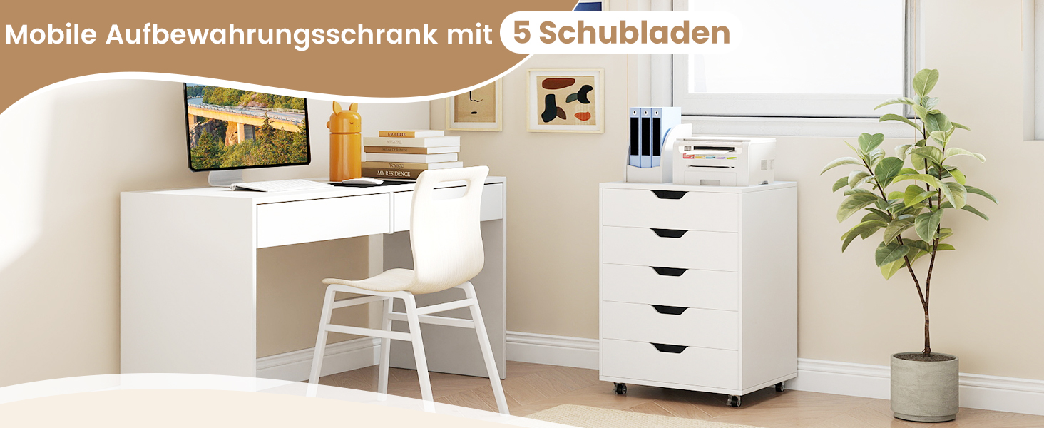 Роликовий контейнер GIANTEX з 5 шухлядами, офісний шафчик на колесах, тумбочка під стіл з дерева, друкарський столик для дому та офісу (білий, 49 x 40 x 65 см)