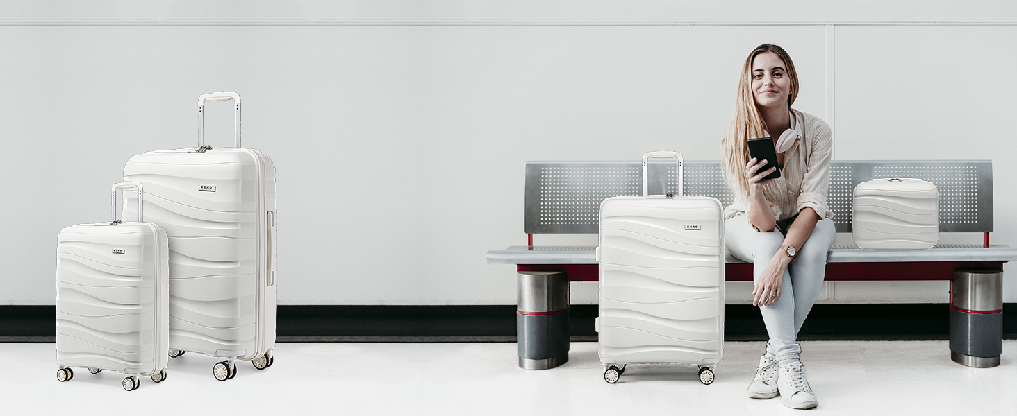 Валіза-тележка KONO, велика, легка, з жорстким корпусом, TSA-замок, 4 колеса (біла, XL)