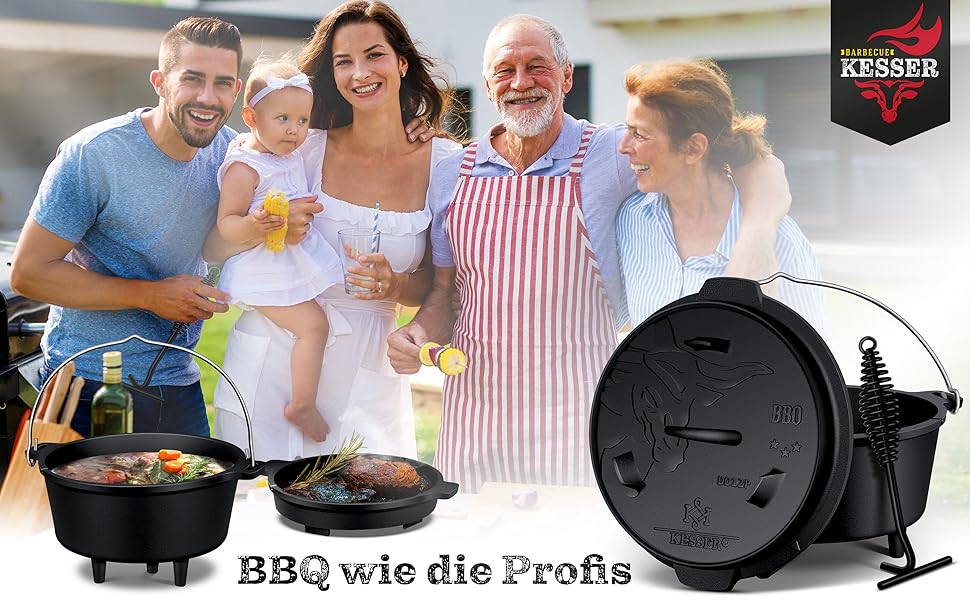 Набір голландських казанів KESSER® BBQ Feuertopf: 13.6 л, чавун, з кришкою-підйомником, ручкою та отвором для термометра. Ідеально для приготування на грилі, на відкритому вогні та в приміщенні.