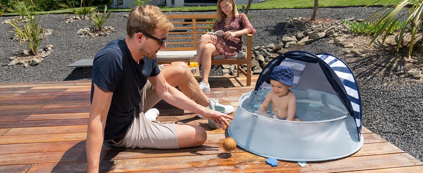 Дитячий намет Babymoov Strandmuschel 3-in-1 Aquani Marinière: матрац для плавання, басейн та ліжко для подорожей з UV-захистом SPF 50
