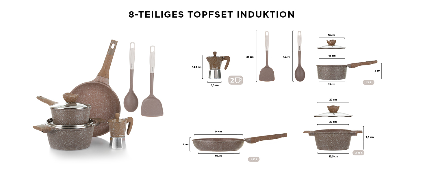 Набір каструль та сковорідок KASANOVA з антипригарним покриттям, індукційне дно, 8 предметів