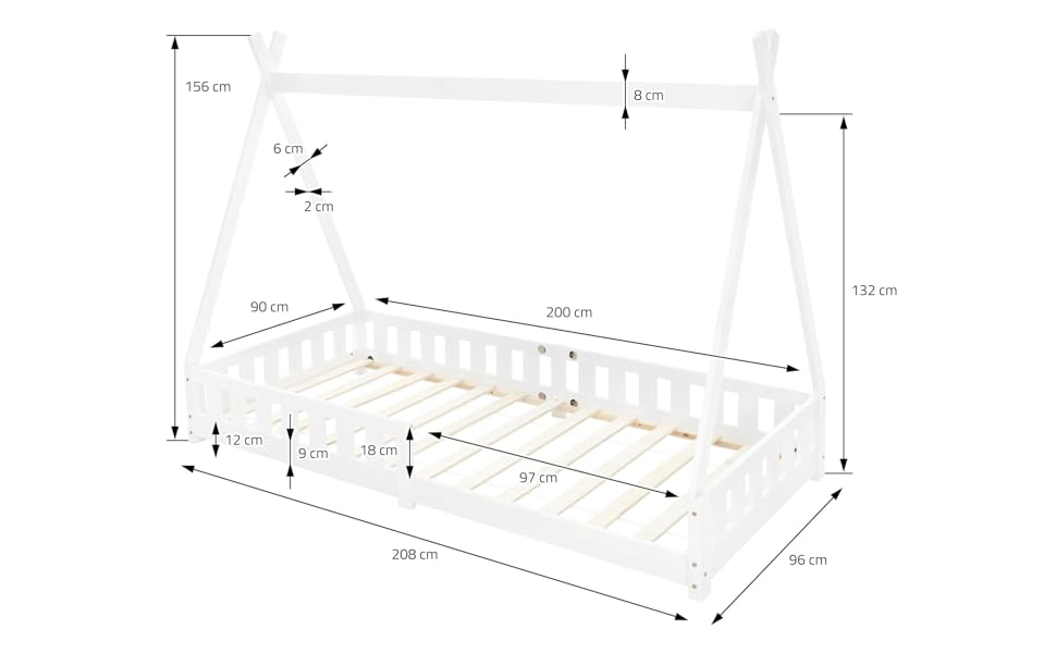 Дитяче ліжко ML-Design Teepee із захистом від падіння з висоти та рейковим каркасом, Соснова деревина, Індійське Ліжко з масиву дерева для дівчаток та хлопчиків, Ліжко-будиночок з огорожею Дитячий будиночок Молодіжне ліжко Ігрове ліжко Намет (90x200 см, Білий)