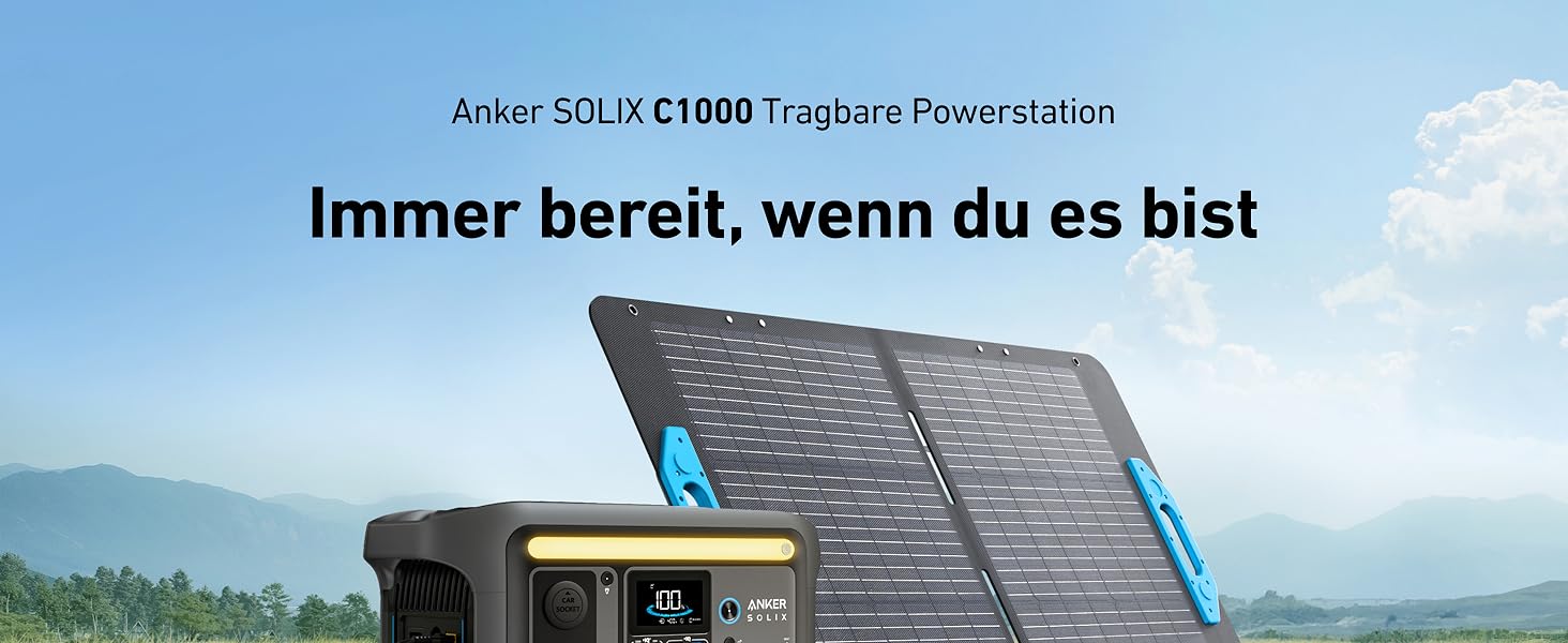 Портативна електростанція Anker SOLIX, LiFePO4, сонячний генератор потужністю 1800 Вт, 100 заряджений за 58 хвилин з надшвидким режимом, електростанція LFP для вулиці, кемпінгу та резерву живлення (додаткова сонячна панель) (C1000 з 1 x 100 Вт)