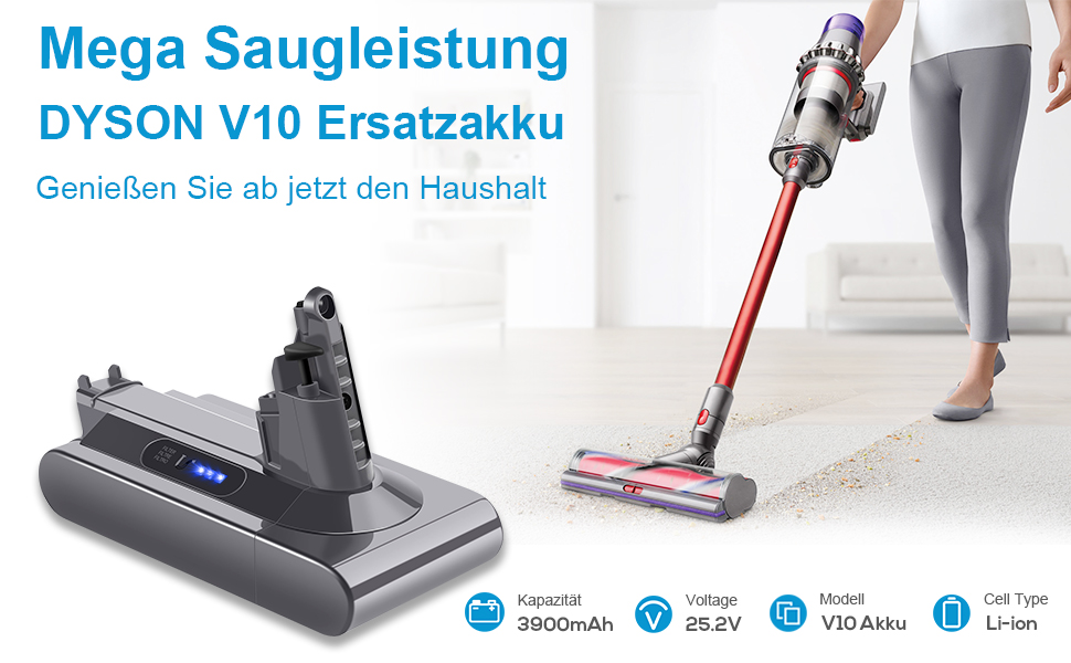 Змінна батарея ASUNCELL 25,2 В 3900 мАг для моделей Dyson V10 (Animal, Absolute, Motorhead, Fluffy, Total Clean)