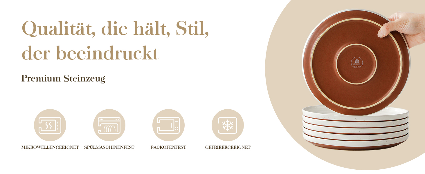 MALACASA Сервіз на 6 осіб (24 предмети) з реактивної глазурі, кераміка, білий з коричневим, для дому та ресторану