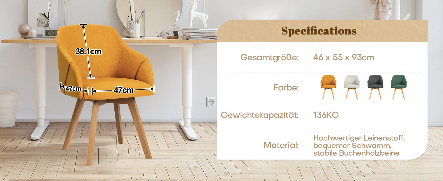 Обідальні стільці Bekrvio (2 шт) з обертанням та підлокітниками – 360° для їдальні, стільці до обіднього столу, обертаються, з м'яким сидінням, з дерев'яними ніжками з масиву бука, жовті, з тканини льон