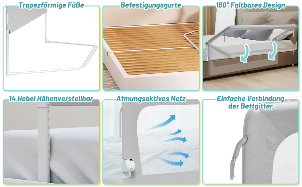 Бортик для ліжка дитячого 200 см, сірий, складаний на 180 градусів, регульована висота 72-86 см, з ременями кріплення