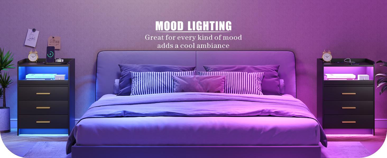 Нічний столик FREDEES з LED-підсвічуванням, ящиком, зарядкою та датчиком руху, сірий (2), чорний