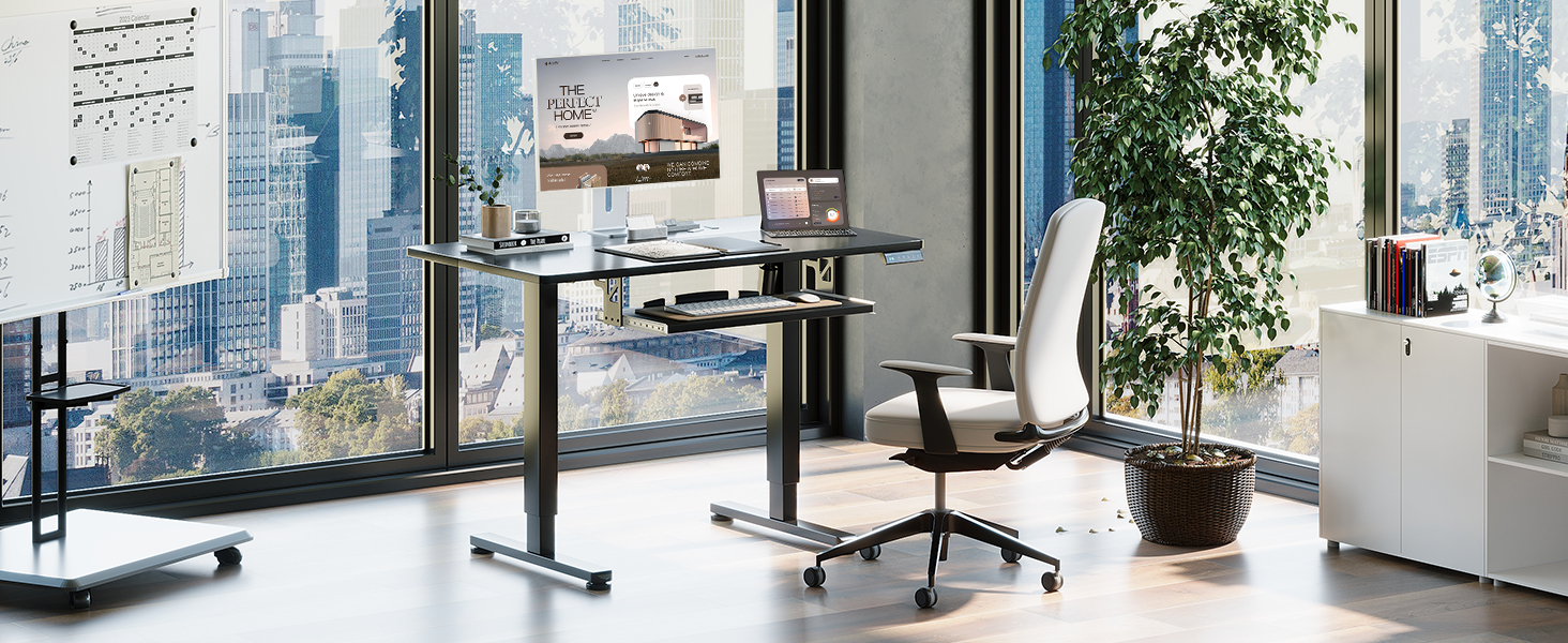 Електричний стіл OffiGo, 100x50 см, з підставкою для клавіатури, 3 режими пам'яті, для роботи та навчання, білий