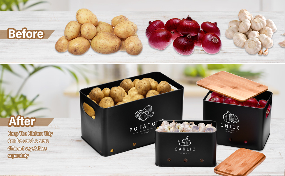 Набір контейнерів для зберігання картоплі, цибулі та часнику (3 шт.), бамбуковий кришка, чорний колір