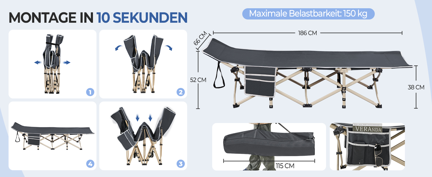 Розкладне ліжко для кемпінгу та відпочинку Yaheetech, похідне ліжко-шезлонг з кишенею та сумкою для транспортування, сіре, до 150 кг
