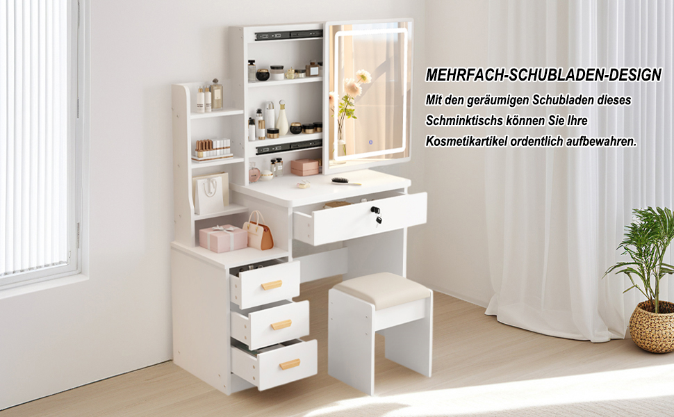 Дзеркальний туалетний столик DATO з LED-підсвічуванням, 3 колірні температури та регулюванням яскравості, з пуфом, 5 шухляд та 3 полиці, розсувний дзеркало