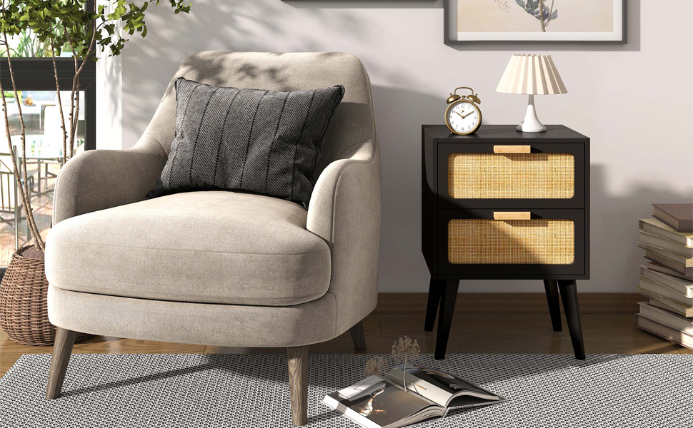 Журнальний столик з ротангу, чорний колір, з 2 висувними ящиками, стиль бохо, для вітальні та спальні