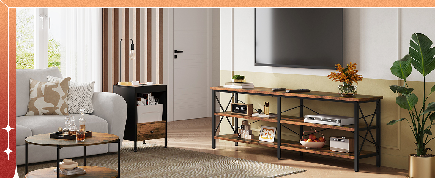 Тумба під телевізор WLIVE TV Schrank - 160 x 36 x 61 см, для телевізорів до 70 дюймів, з відкритими полицями, для вітальні та спальні, в стилі Vintage Braun