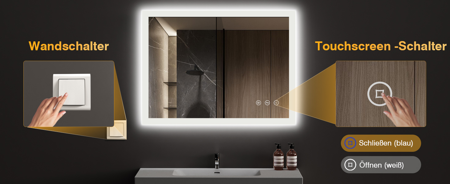 LED дзеркало для ванної кімнати 80x60 см з підсвічуванням, 3 кольори світла, регулювання яскравості, антизапарник, сенсорне керування, пам'ять, IP44, вологостійке