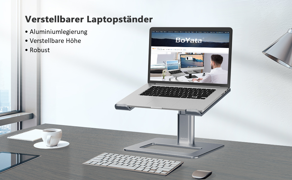 Підставка для ноутбука BoYata: регульована висота, алюміній, для MacBook, Dell, HP, Samsung, Acer, ASUS, Chromebook (сіра)