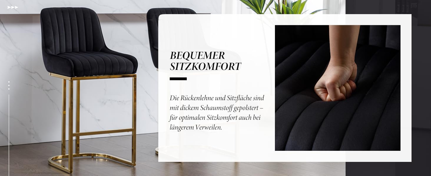 Набір з 2 барних стільців з велюру з золотистими металевими ніжками, м'яке сидіння, зі спинкою, без підлокітників для кухонної зони/домашнього бару (Чорний)