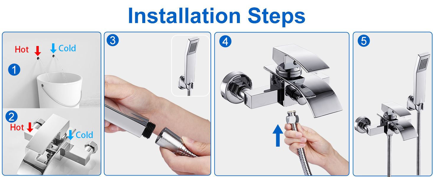 Набір для ванни з водоспадом: змішувач, душова лійка, шланг, кріплення для стіни (хром)