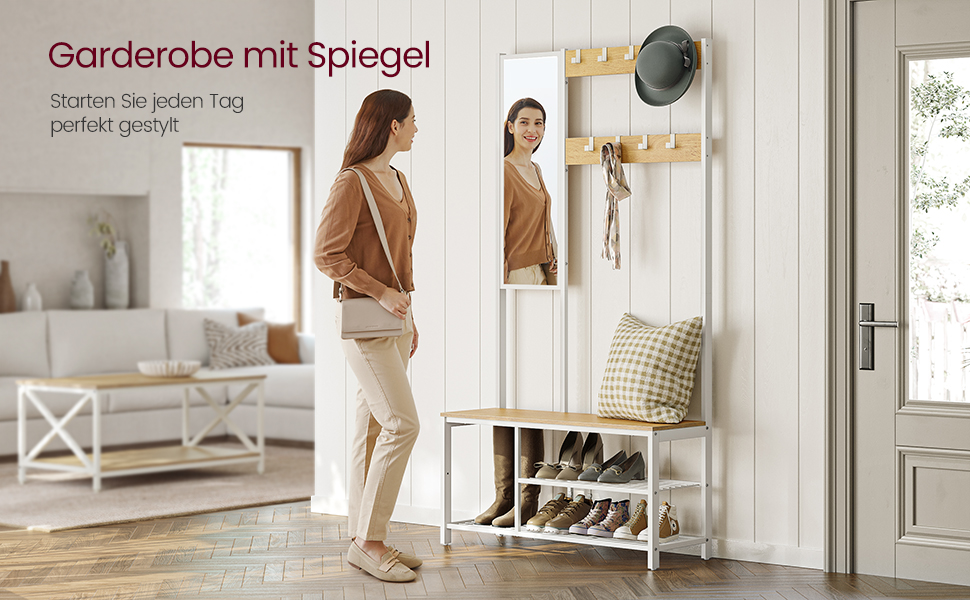 Дзеркало-вішалка VASAGLE HSR415B01 з банкеткою та полицею для взуття, 35 x 98 x 180 см, індустріальний дизайн, вінтажний колір