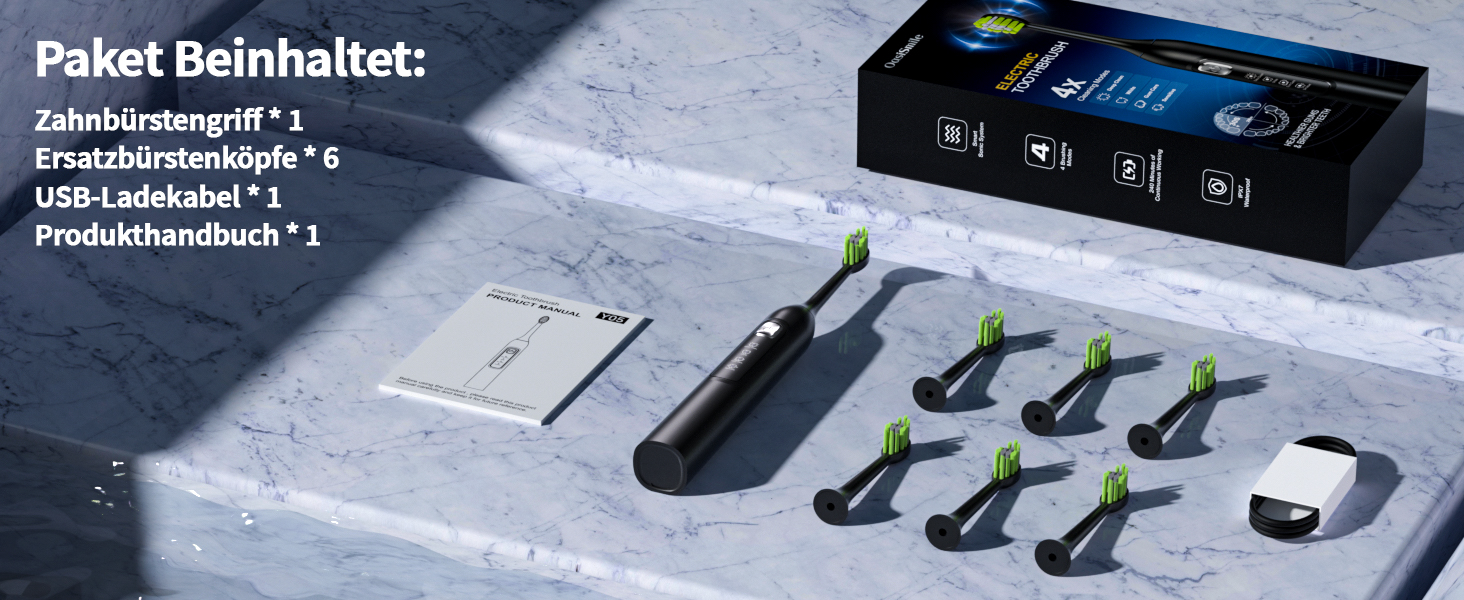 Електрична звукова зубна щітка Y05 2025 з 4 режимами, 42000 VPM, 6 насадок, 120 днів роботи, IPX7, таймер 2 хв, чорна