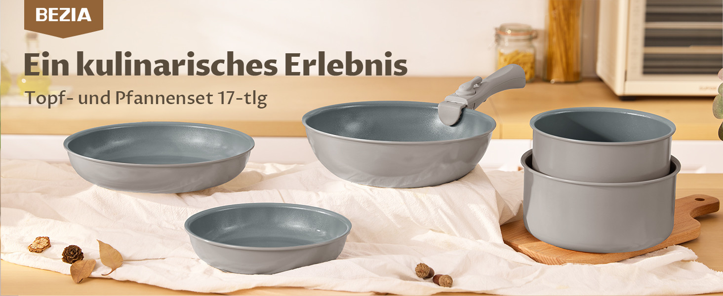 Набір каструль BEZIA 17 предметів з знімним ручками, антипригарний набір сковорідок з керамічним покриттям, набір каструль для індукційних плит, підходить для всіх типів плит, складаний набір каструль, індукційне кухонне приладдя, набір для кемпінгу, придатний для духовки, світло-бежевий колір