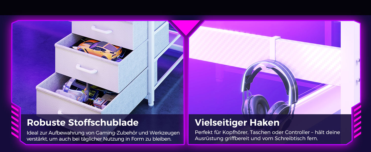 Ігровий стіл Coleshome з полицею та шухлядами, 137x48 см. Стіл для геймінгу з LED-підсвічуванням, розеткою, місцями для зберігання та підставкою для монітора. Колір: карбонове волокно.