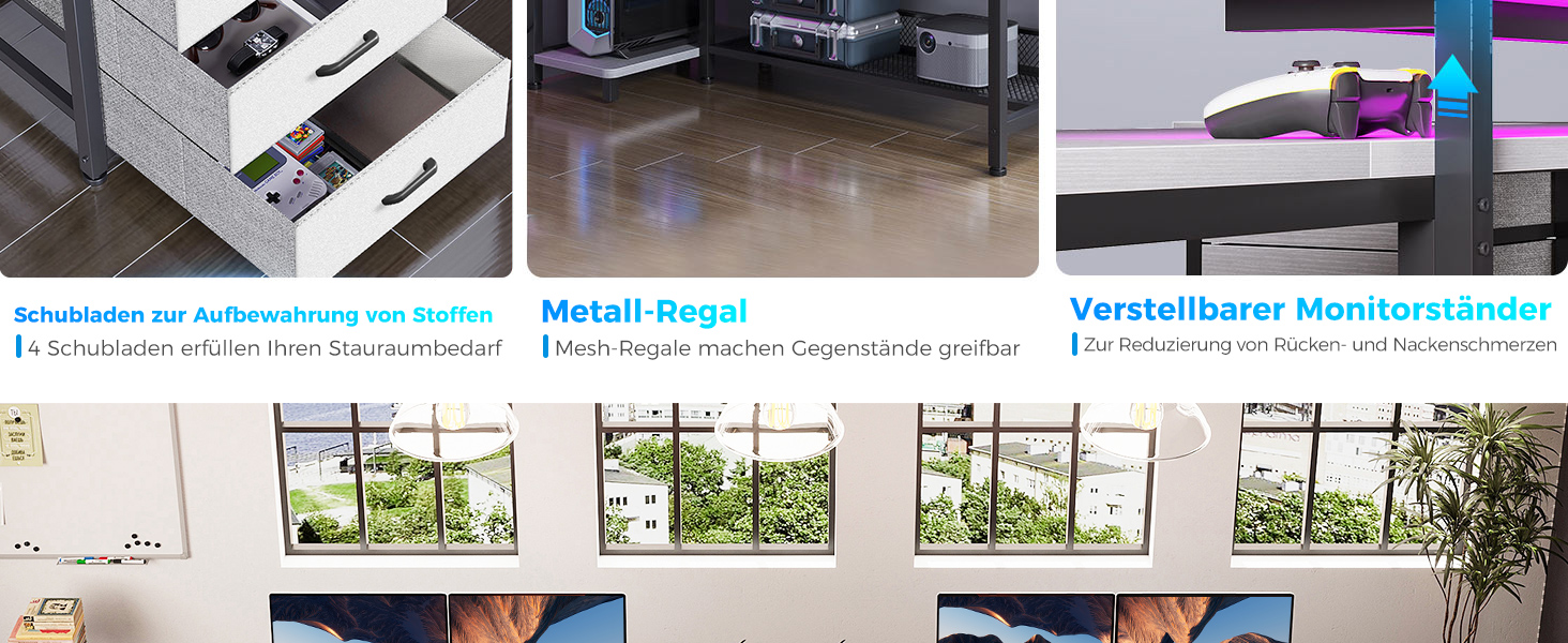 Кутовий стіл ODK з 4 шухлядами, місцем для зберігання, 2 розетками та 2 USB-портами для зарядки, з підсвічуванням LED та підставкою для монітора, 167×102 см, білий