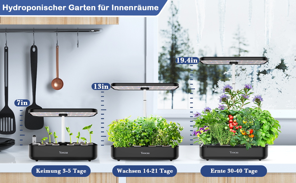 Yoocaa 12-ярусна гідропонна система для вирощування, набір для домашнього саду трав з LED-освітленням, розумний сад для дому, кухні, автоматичний таймер, стартовий набір (чорний)