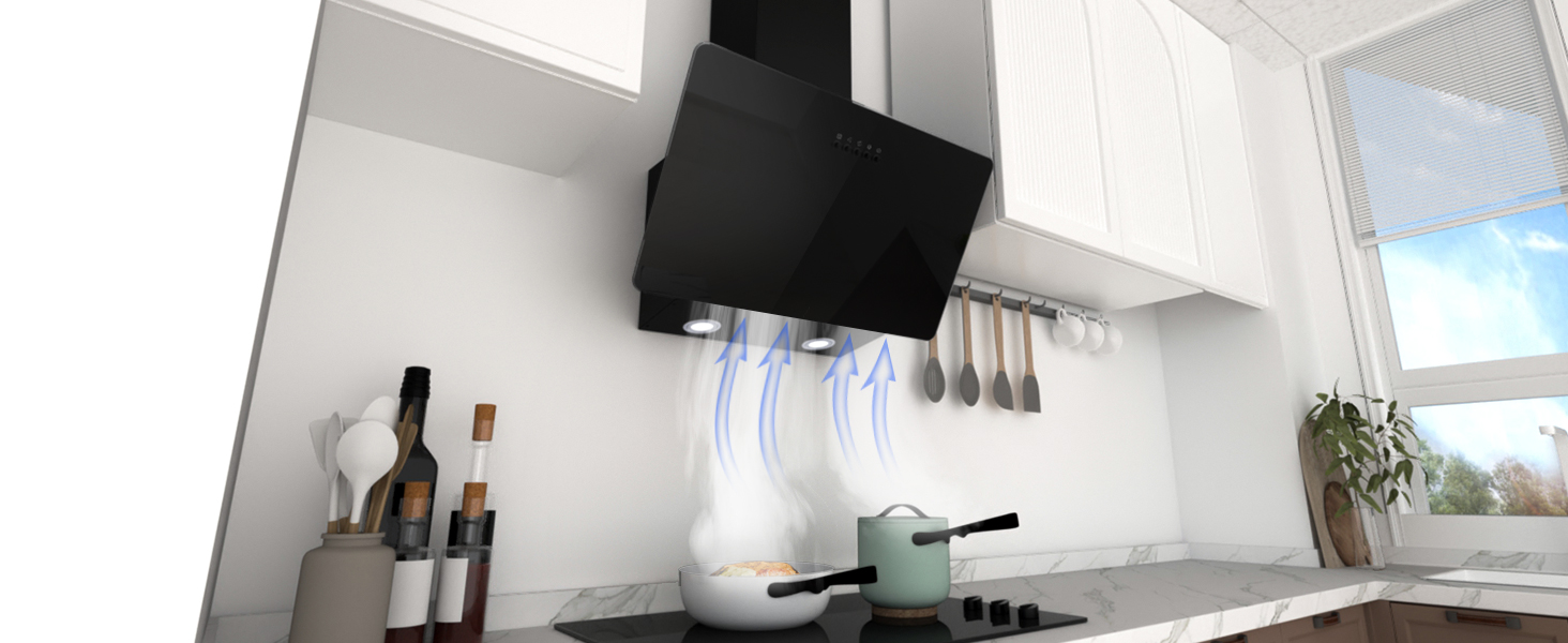 Похила витяжка для кухні FIREGAS 60 см, чорна, з LED-підсвіткою, безщеточним мотором та режимами відводу/рециркуляції повітря, клас енергоефективності A++