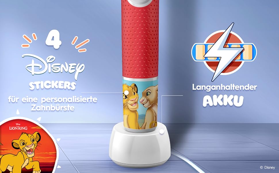 Дитяча електрична зубна щітка Oral-B Pro Kids 3+ Король Лев (Білий/Червоний), з 1 додатковою насадкою та білим футляром