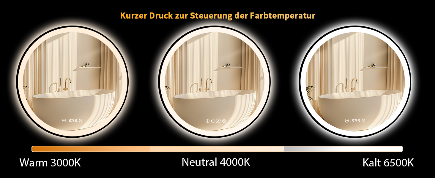 Дзеркало кругле PESENXAN 70 см з чорною рамою та підсвічуванням. Антизапарник, регульоване світло, LED, енергозберігаюче, сенсорне управління, функція пам'яті. 70 x 70 см