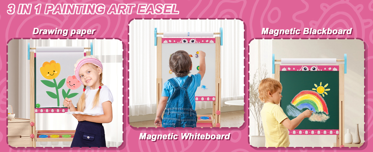 Дитяча мольберт Kinder Staffelei 3 в 1: регульована висота 95-125 см, ролик для паперу, двосторонній, з набором для малювання (100+ шт.), для дітей 3-8 років (рожевий)