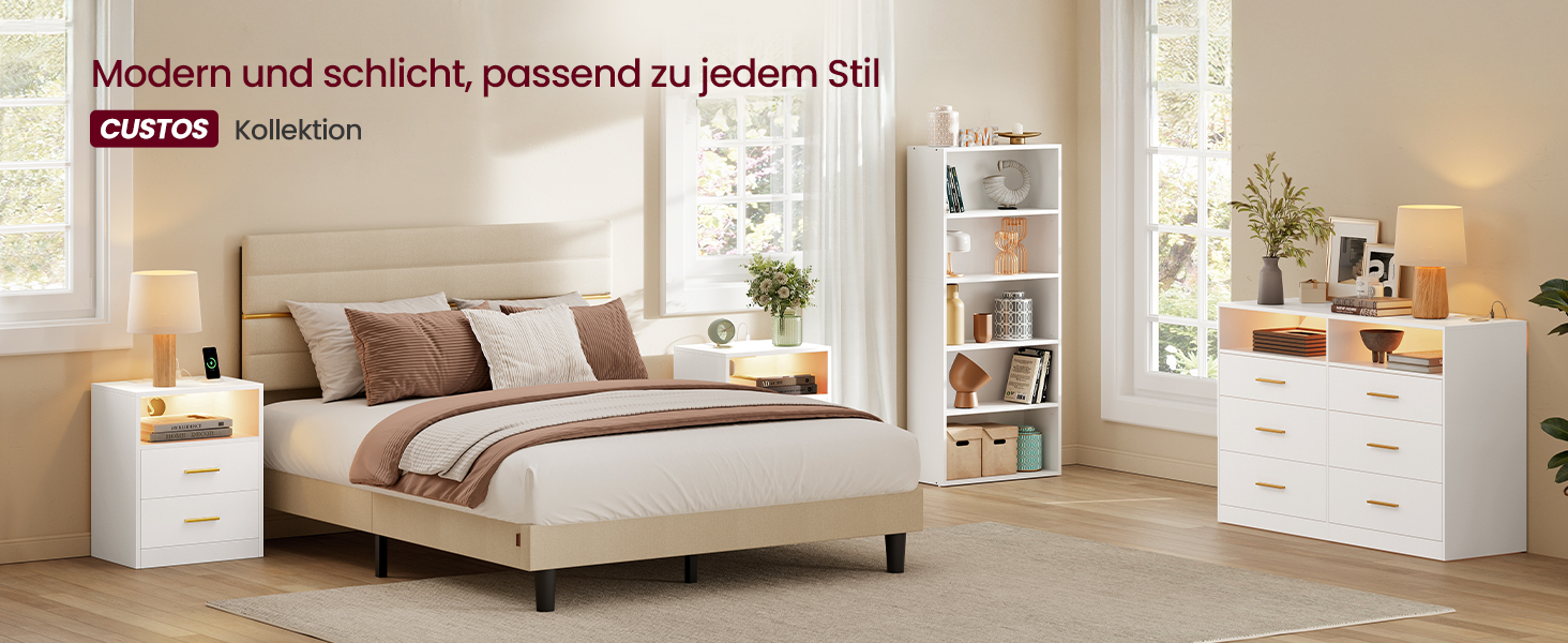 VASAGLE Custos: Набір з 2 тумбочок з LED-підсвіткою та зарядкою, білий, з шухлядами та USB-портами