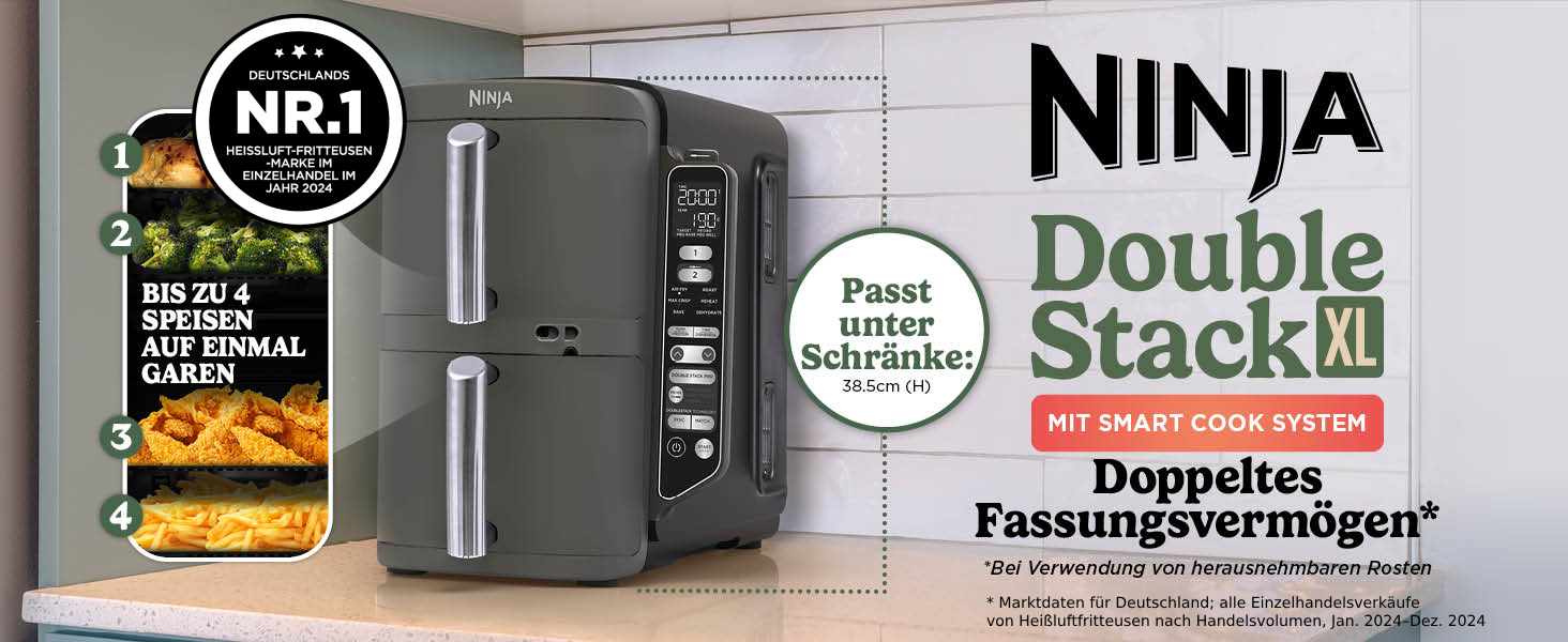 Вертикальна аерофритюрниця Ninja Double Stack XL Air Fryer 9,5 л з цифровим термометром, 6 функцій приготування, 2 рівні, сіра SL451EU