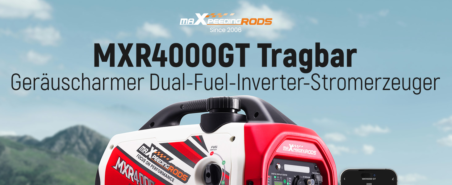 Інверторний генератор maXpeedingrods 2000W: бензиновий, 4-тактний, з USB та 230V, цифровий дисплей, для кемпінгу та подорожей, з App-керуванням (MXR4000GT)