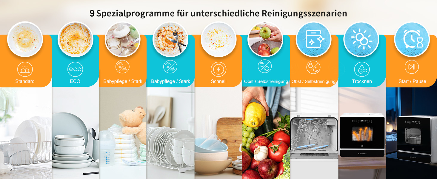 Міні посудомийна машина BLITZHOME з сенсорним керуванням, 9 програм, портативна для кемпінгу, 5.2L, з/без підключення до води, сушка, відкладений старт