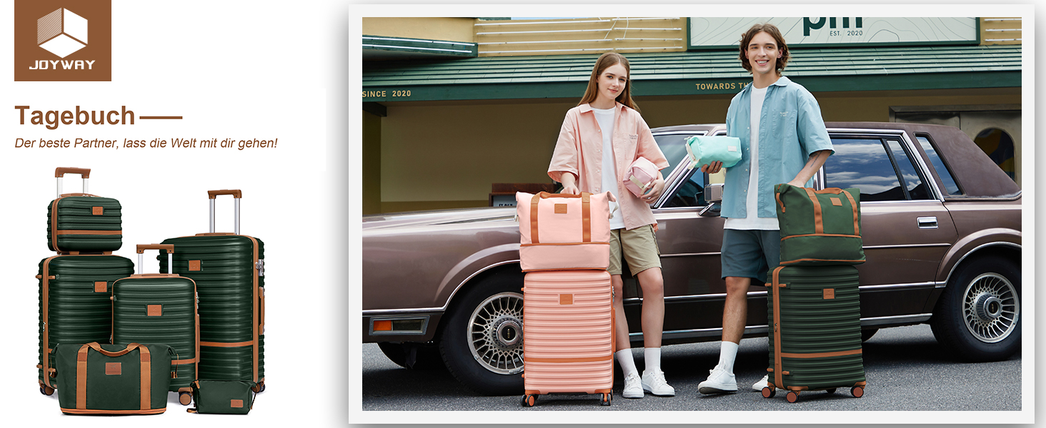 Набір валіз Joyway 6-ти частинний, з жорстким корпусом, beauty case, косметична сумка, 4 колеса, TSA-замок, для подорожей, коричневий/зелений