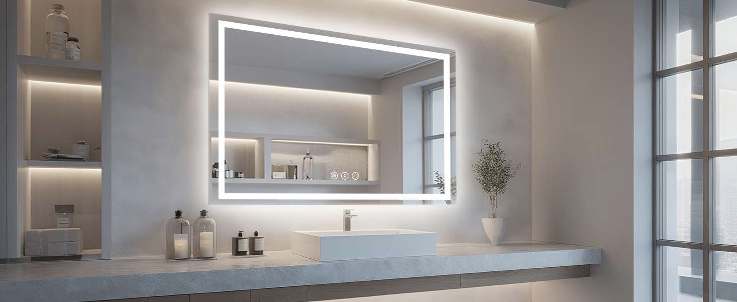 LED дзеркало для ванної кімнати 60x80 см з підсвічуванням, сенсорне керування, регулювання яскравості, 3 кольори світла, антизапар, IP44, вертикальна/горизонтальна орієнтація