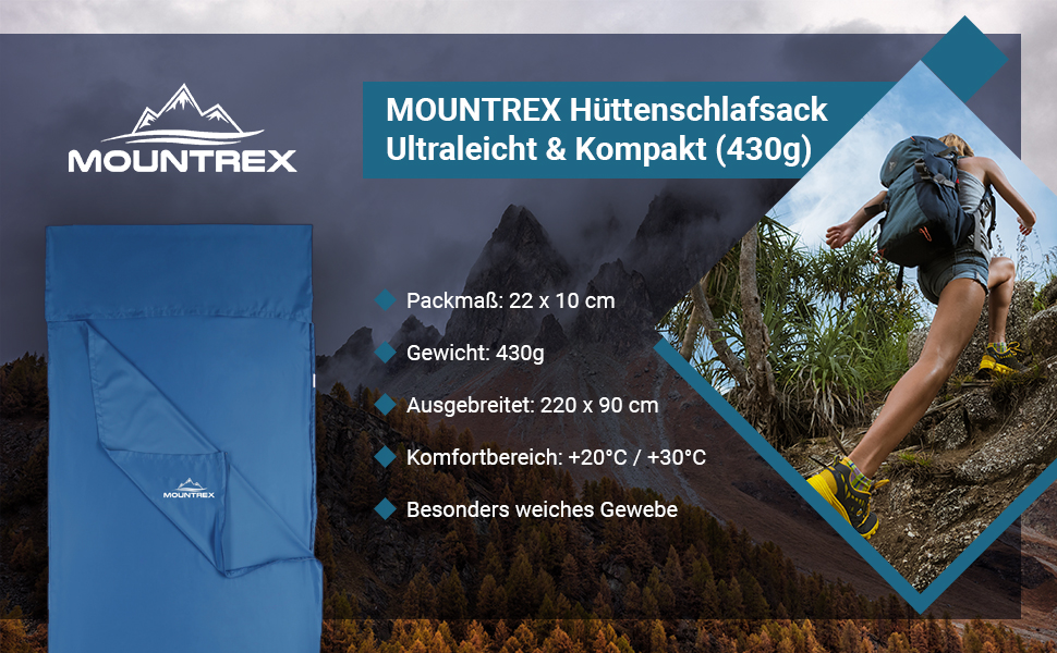 Спальний мішок для хатини MOUNTREX - спальний мішок на блискавці (220 x 90 см) - літній спальний мішок для відпочинку на відкритому повітрі і в приміщенні, внутрішній спальний мішок-невеликий розмір упаковки і дуже м'який синій