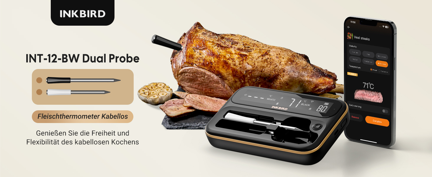 Бездротовий термометр Inkbird INT-12-BW для приготування на грилі, м'яса та випічки: Bluetooth 5.4, Wi-Fi, водонепроникний (IP67)